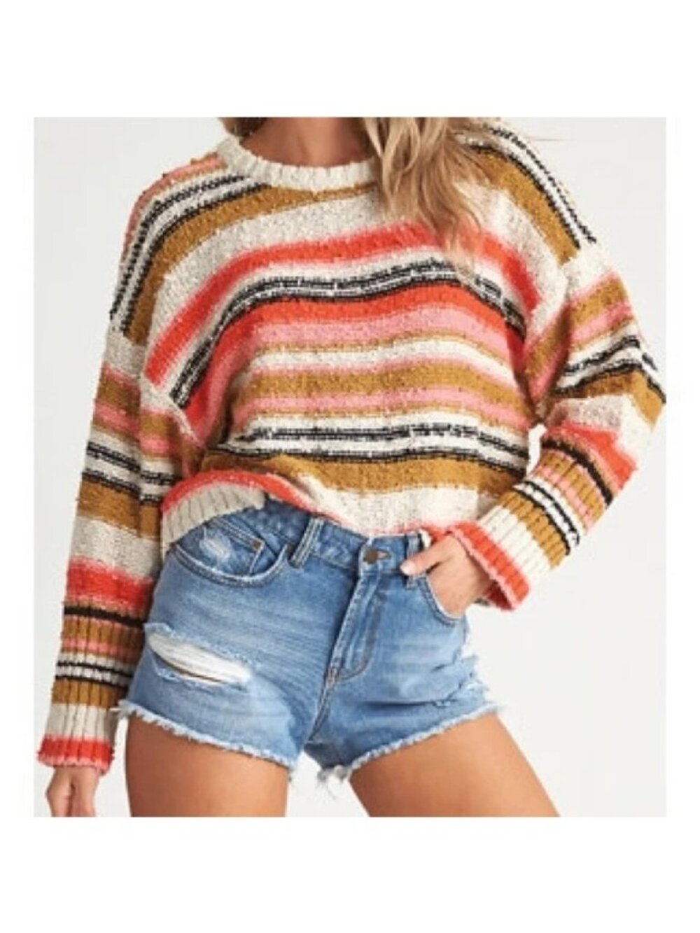 Billabong Easy Going Sweater Multicolor Stripe Textured Beach Cropped Size Small